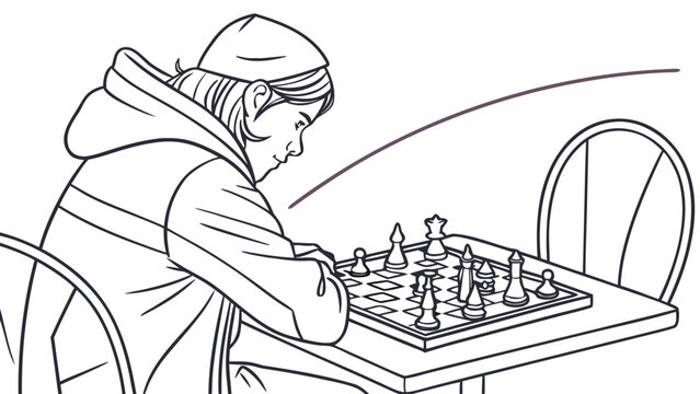 A person with a hat plays chess on a chessboard with pieces and a chair in a line art drawing