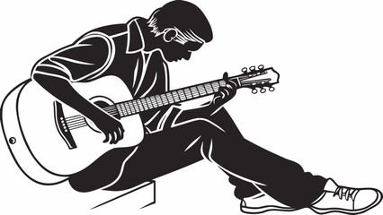 Silhouette of a seated musician playing an acoustic guitar with focused expression and casual attire style