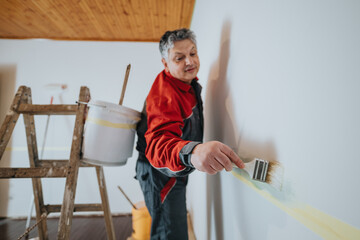 A worker applying fresh paint to a wall using a paintbrush indoors, engaging in home improvement...