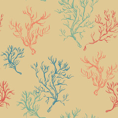 Vector coral branch seamless pattern. Underwater plant illustration isolated on beige background. For design, prints, fabric or background.