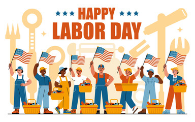 Obraz premium Diverse workers celebrate labor day with american flags celebration