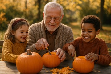 Grandfather shares joyful pumpkin carving experience with grandchildren during autumn in a vibrant park