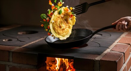 Chef flipping a fluffy omelet with colorful vegetables in a cast iron pan over a rustic wood-fired stove.