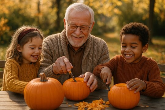 Grandfather shares joyful pumpkin carving experience with grandchildren during autumn in a vibrant park