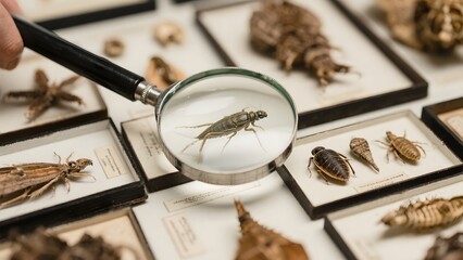 A magnifying glass examines an insect specimen in a collection of preserved insects.