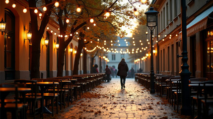 Charming old town square in autumn evening with string lights and golden leaves on wet cobblestones