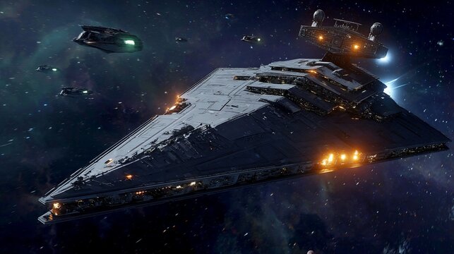 Armada of large, angular spacecraft with smaller escorts maneuvering in vibrant, nebulous space