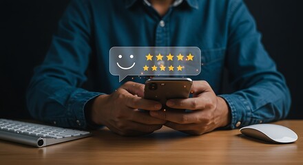 Man giving five star rating on mobile phone with keyboard and mouse on desk