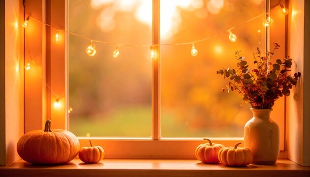Fototapeta Cozy autumn window view with pumpkins and warm lighting at sunset in a home setting