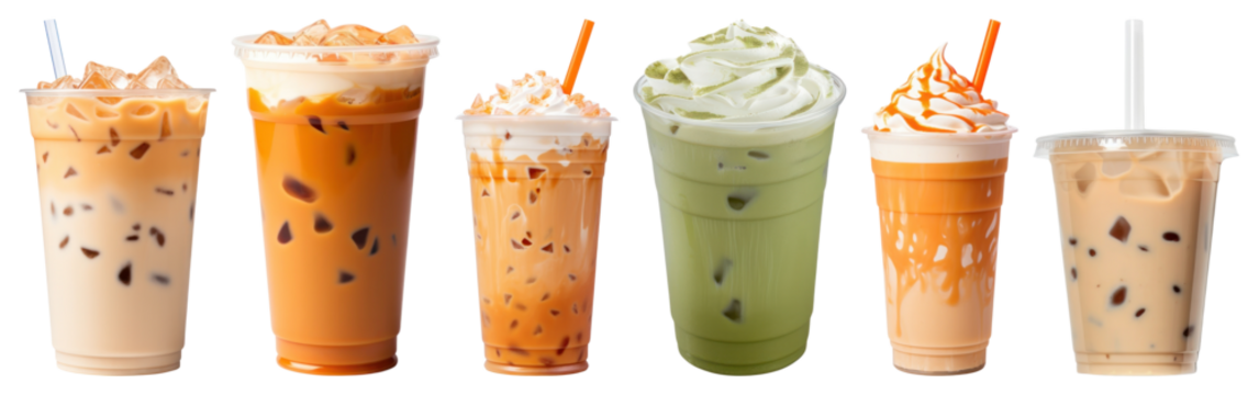 Assorted iced beverages with toppings