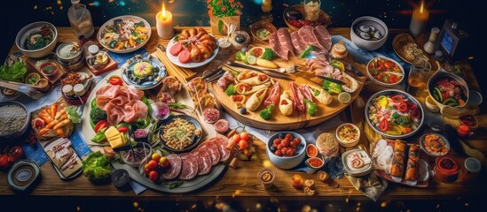Fototapeta premium a grand feast, a bountiful table laden with an array of delectable dishes, a vibrant tapestry of flavors, intricate culinary creations, a sumptuous spread, a visually stunning tableau, a festive celeb