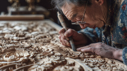 Man with glasses carving intricate floral designs into wood with hand tools indoors