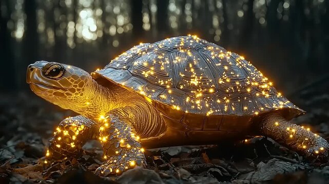 Illuminated turtle in a forest setting