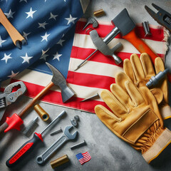 Image of work gloves, tools, and the American flag on a concrete surface representing Labor Day in the USA