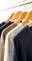 Obraz premium A set of on wooden hangers, featuring three different colors - black, beige, and navy blue - arranged neatly against each other in the center of an empty white background