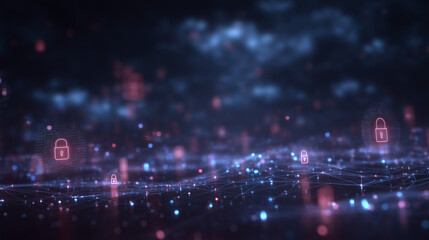 Cybersecurity visualization, neon-lit padlocks, shields, and cloud icons connected by luminous data lines, immersive holographic digital network, modern tech aesthetics