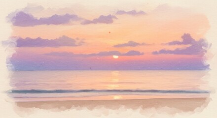 Fototapeta premium Pastel sunset over a serene ocean landscape watercolor painting