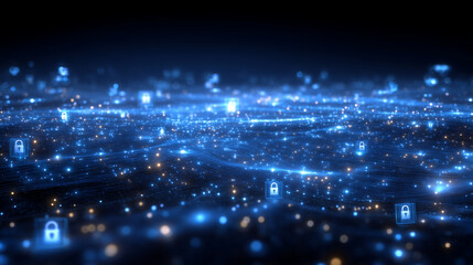 Abstract cyber defense scene, glowing blue cyber grid with security icons locks, shields, cloud storage interconnected by streaming data flows, futuristic security technology