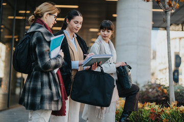 Three businesswomen discuss documentation while collaborating outdoors in an urban environment, symbolizing teamwork, collaboration, and professional engagement. They illustrate multicultural