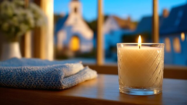 A serene memorial candle with soft natural light