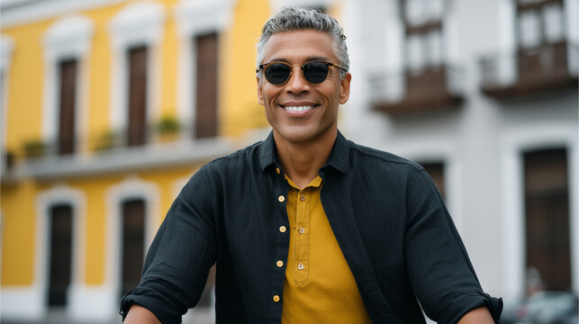 Confident mature Hispanic man walking his bicycle along a charming city street, elegant historic architecture, warm daylight, casual yet stylish outfit, urban lifestyle photography