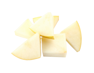 A pile of fresh pear cubes, isolated on a white background, representing a healthy and versatile fruit.