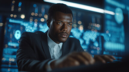 Side view of a focused Black African American IT specialist working intently, immersed in futuristic workspace, surrounded by glowing holographic displays of cybersecurity threats,