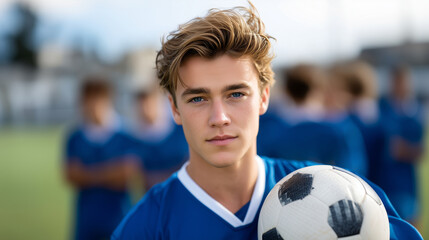 Focused teenage male soccer player in blue jersey holding ball, standing on green soccer field, teammates blurred in background, sunny outdoor sports scene, realistic sports photog