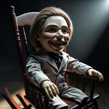 A creepy ventriloquist dummy with a sinister smile sits in a rocking chair, illuminated by dramatic lighting, creating an eerie atmosphere.