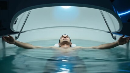 Man entering and relaxing in a floatation tank for sensory deprivation. Spa and wellness experience footage.