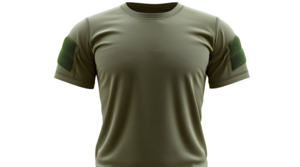 Olive green tactical T-shirt with shoulder patches, military style, isolated on white background, front view, rugged look