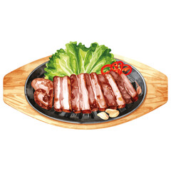 Watercolor Food Illustration of Korean BBQ Samgyeopsal