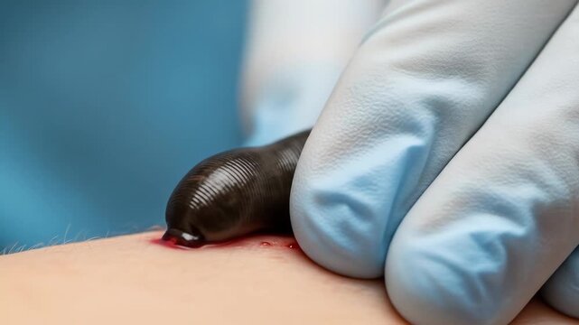 Doctor wearing glove applying leech to human skin for medical treatment during hirudotherapy footage.