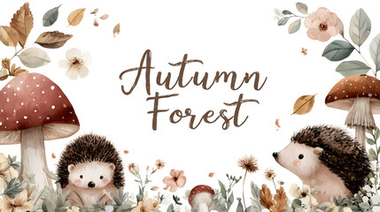 Watercolor clipart of an autumn forest with mushrooms, leaves and hedgehogs on a white background, pastel colors, a simple minimalistic illustration. 