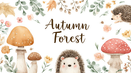 Watercolor clipart of an autumn forest with mushrooms, leaves and hedgehogs on a white background, pastel colors, a simple minimalistic illustration. 