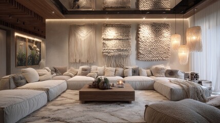 Obraz premium Modern living room with beige sectional sofa and woven wall hangings.