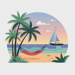 Obraz premium Firefly - Vector art of a tropical beach scene featuring palm trees, hammock, sailboat and minimal gradient sky. .svg