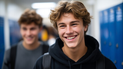 High school students chatting while walking down a corridor, relaxed mood, casual clothes, academic environment, blurred background of lockers and classrooms n