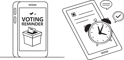 Black and white illustration of smartphone displaying voting reminder and tablet with clock vector