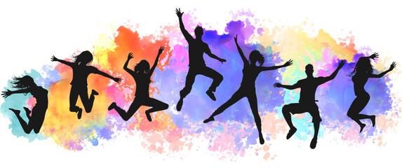 Contours of dancing people against the background of paint strokes. Vector illustration. Sketch for creativity.