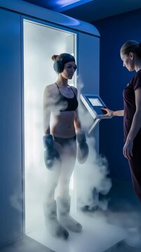 Woman receiving cryotherapy treatment from specialist with cold vapor filling chamber for health and recovery footage.