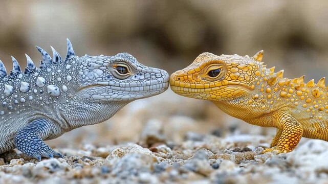 Two lizards touching noses, one blue and one gold