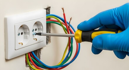 Electrician wearing blue gloves uses screwdriver to install electrical outlet with colorful wires assuring his safety 