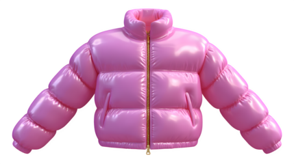 Pink pastel puffer jacket, glossy finish, laid flat with zip open, isolated on transparent background