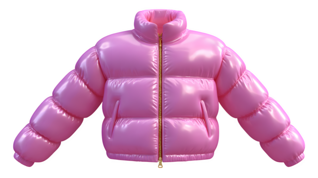 Pink pastel puffer jacket, glossy finish, laid flat with zip open, isolated on transparent background