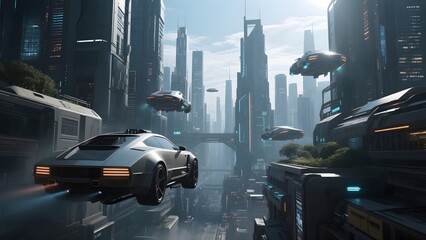 Futuristic Cityscape with Hovering Vehicles and Skyscrapers