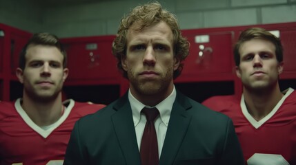 Three football players stand in a locker room, one wearing a suit while the others wear jerseys, conveying a theme of teamwork and leadership.