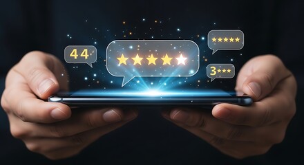Person holding smartphone with glowing five star rating review notification on screen