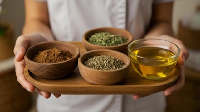Young woman holds wooden tray with various natural scrubs, dried herbs, and oil for spa treatment, footage.