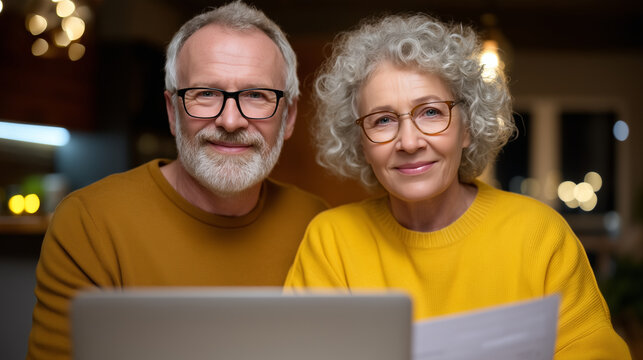Elderly couple managing home finances together at the kitchen table, laptop open with documents and bills, focused expressions, cozy modern home interior with warm lighting - Powered by Adobe